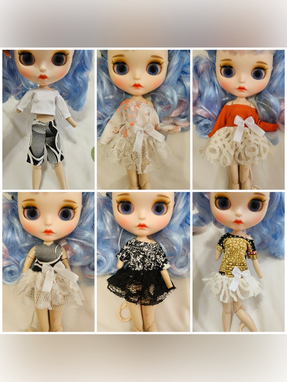 Custom Blythe Doll Outfit Bundle - Pastel Blue Hair Doll with Lace Dresses
